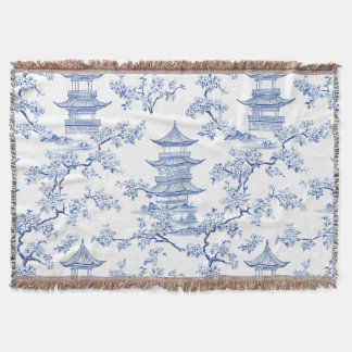 PixDezine Blue Chinoiserie Pagodas Cherry Blossoms Throw Blanket