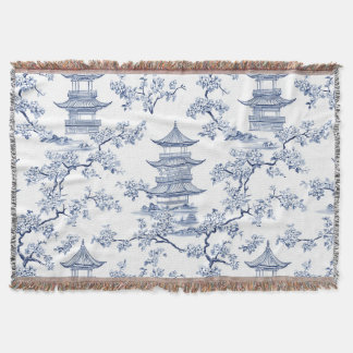 PixDezine Blue Chinoiserie Pagodas Cherry Blossoms Throw Blanket