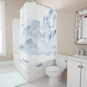 PixDezine Blue Chinoiserie Valley Living Landscape Shower Curtain