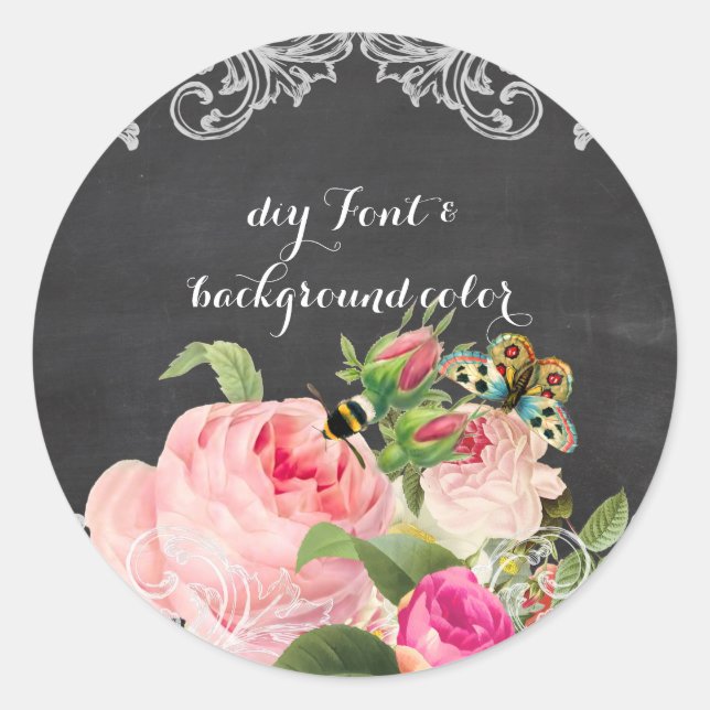 PixDezine chalkboard/victorian roses Classic Round Sticker (Front)