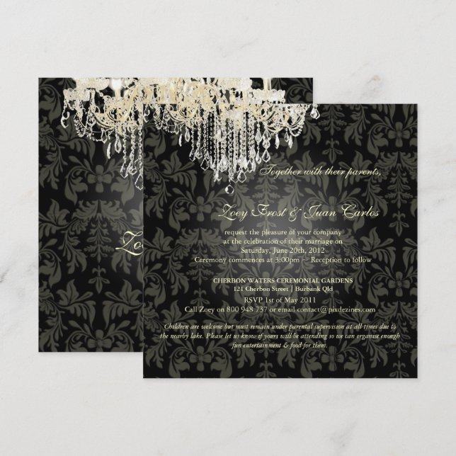 PixDezine CRYSTAL CHANDELIER+BAROQUE DAMASK Invitation (Front/Back)