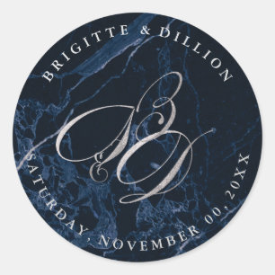 PixDezine DIY/Midnight Blue Marble/Faux Silver Classic Round Sticker