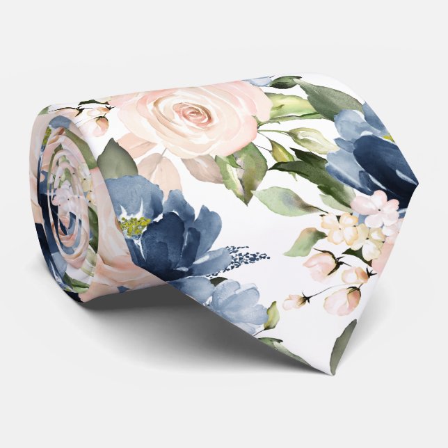 PixDezine Dusty Blue Blush Roses Navy Neck Tie (Rolled)