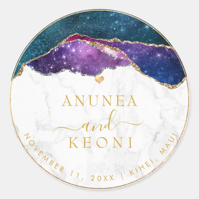 PixDezine Galaxy Agate Marble Faux Gold Heart Classic Round Sticker (Front)