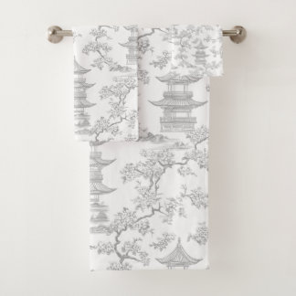 PixDezine Grey Chinoiserie Pagodas Cherry Blossoms Bath Towel Set