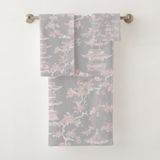 PixDezine Grey Chinoiserie Pagodas Cherry Blossoms Bath Towel Set