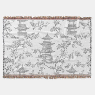 PixDezine Grey Chinoiserie Pagodas Cherry Blossoms Throw Blanket