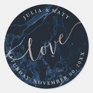 PixDezine Love/Midnight Blue Marble/Faux Silver Classic Round Sticker