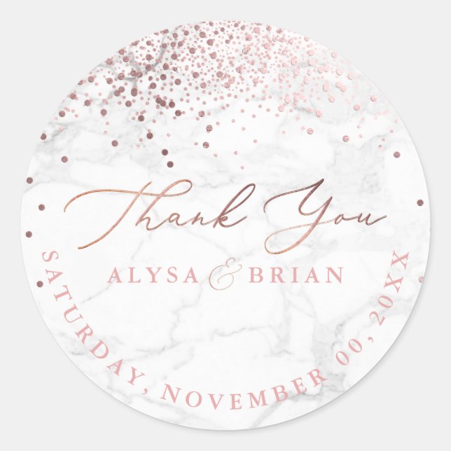 PixDezine Marble/Faux Rose Gold Confetti Thank You Classic Round Sticker (Front)
