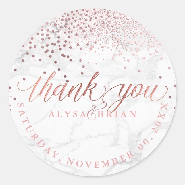PixDezine Marble/Faux Rose Gold Confetti Thank You Classic Round Sticker (Front)