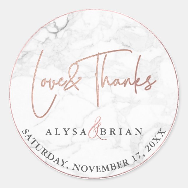 PixDezine Marble/Faux Rose Gold Love+Thanks Classic Round Sticker (Front)