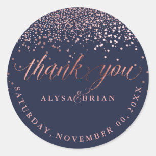 PixDezine Navy+Faux Rose Gold Confetti Thank You Classic Round Sticker