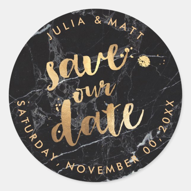 PixDezine Save the Date/Marble+Faux Gold Classic Round Sticker (Front)