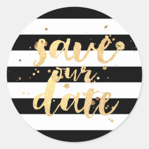 PixDezine stripes/dazzled faux gold/save our date Classic Round Sticker