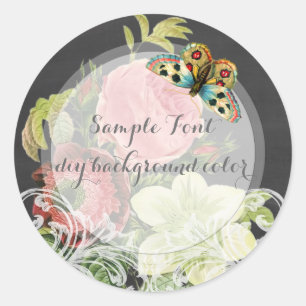 PixDezine vintage redoute rose+chalkboard Classic Round Sticker