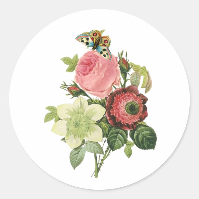 PixDezine vintage redoute rose Classic Round Sticker (Front)