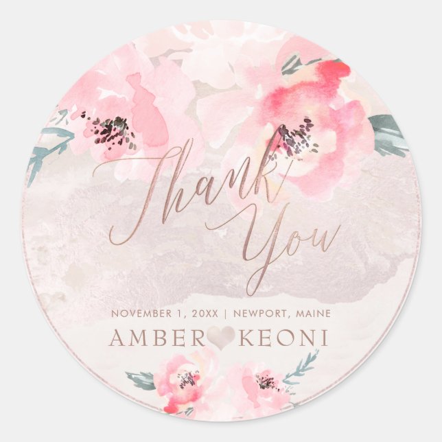 PixDezine  Watercolor Blush Peonies Thank You Classic Round Sticker (Front)