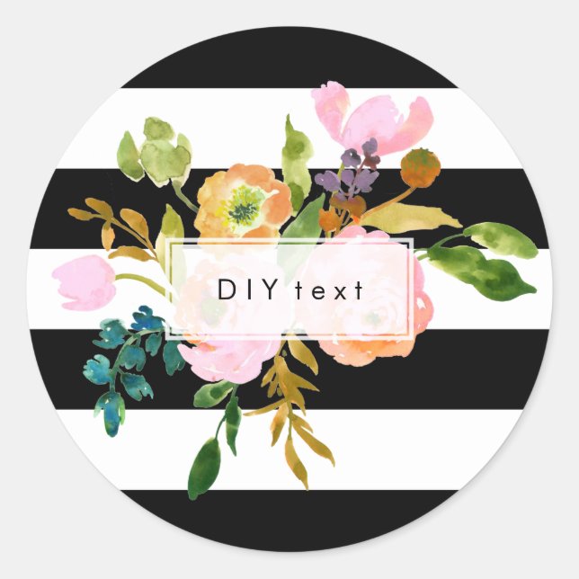 PixDezine watercolor floral/stripes Classic Round Sticker (Front)