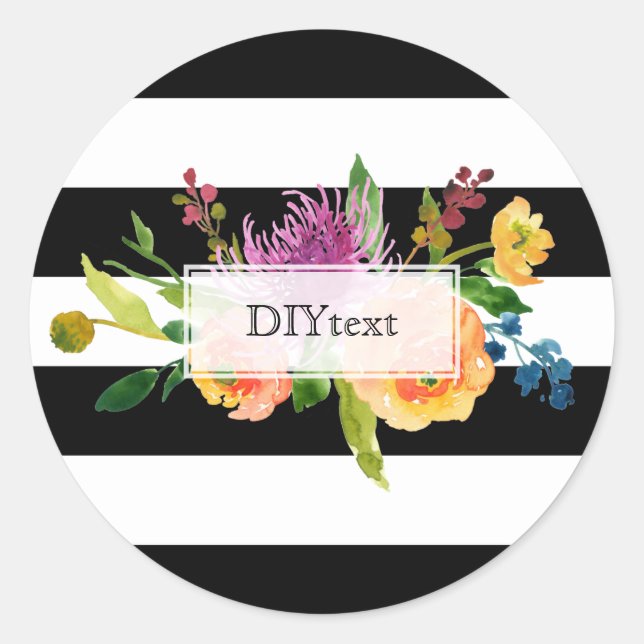 PixDezine watercolor floral/stripes Classic Round Sticker (Front)