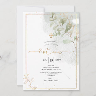 PixDezine Watercolor Green Gold Baptism  Invitation