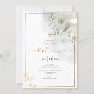 PixDezine Watercolor Green Gold Baptism  Invitation