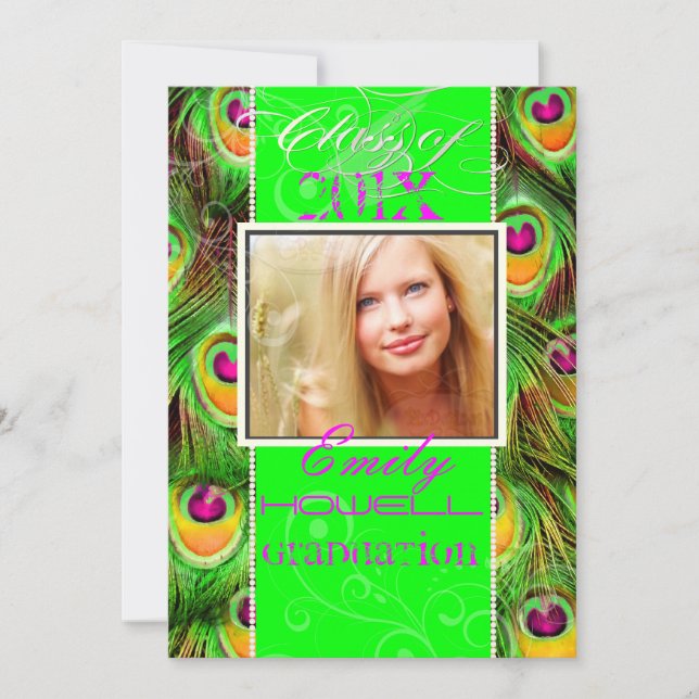 PixDezines 2012 Grads, neon green peacock Invitation (Front)