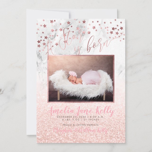PixDezines A Star is Born, Rose Gold Stars+Marble Invitation (Front)
