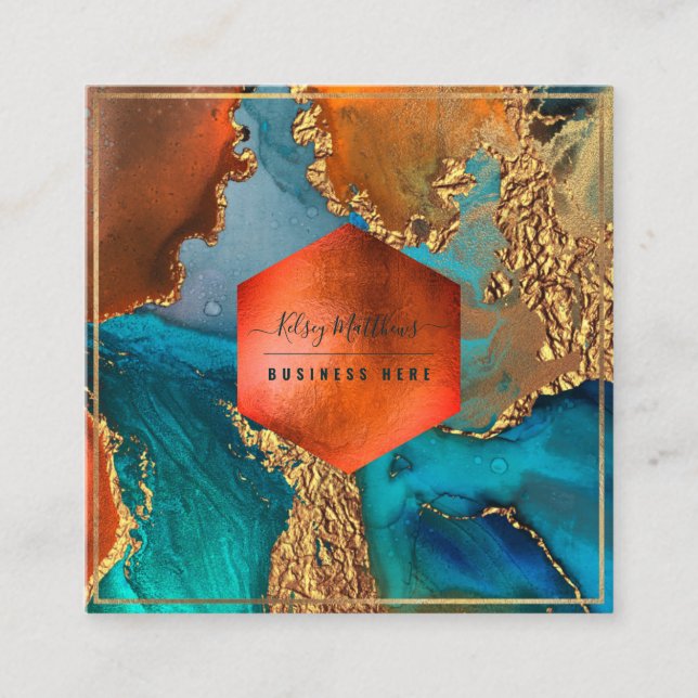 PixDezines Abstract Galaxy H2 Copper Gold Teal Squ Square Business Card (Front)