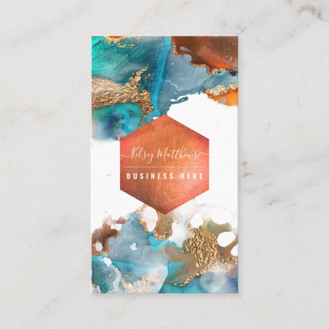 PixDezines Abstract Watercolor Copper Gold Teal Bu Business Card (Front)