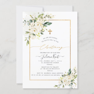 PixDezines Alabaster Roses H2 Flowers Christening Invitation