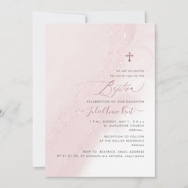 PixDezines Alcohol Blush Pink Rose Gold Baptism Invitation (Front)