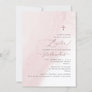 PixDezines Alcohol Blush Pink Rose Gold Baptism Invitation