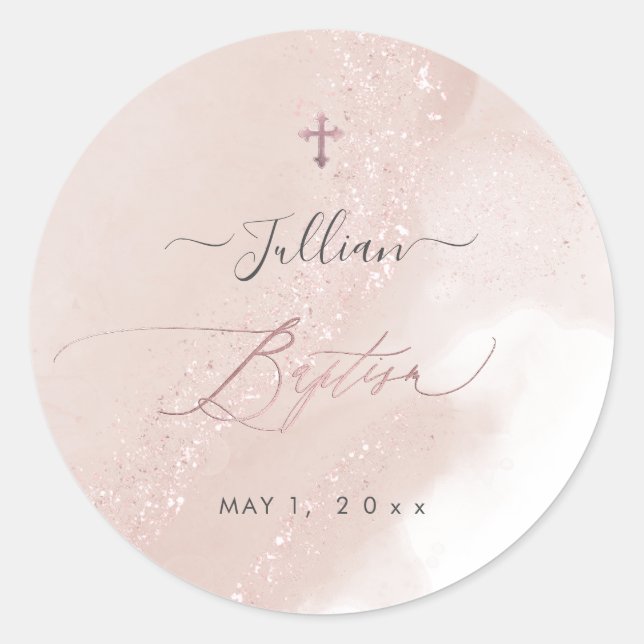 PixDezines Alcohol Dusty Pink Rose Gold Baptism Classic Round Sticker (Front)