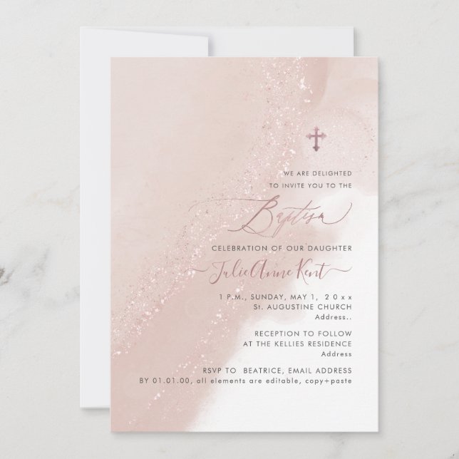 PixDezines Alcohol Dusty Pink Rose Gold Baptism Invitation (Front)