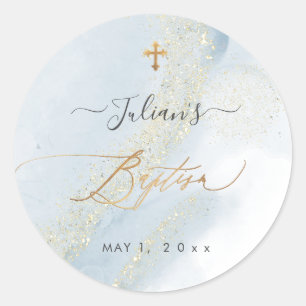 PixDezines Alcohol+Ink Dusty Blue Gold Baptism Classic Round Sticker