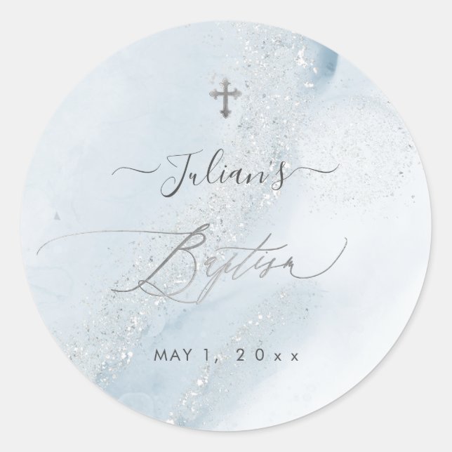 PixDezines Alcohol+Ink Dusty Blue Gold Baptism Classic Round Sticker (Front)