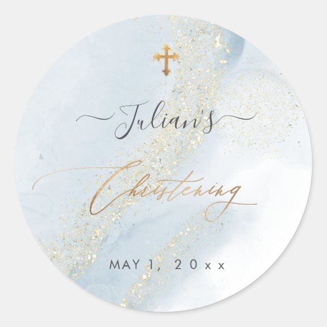 PixDezines Alcohol+Ink Dusty Blue Gold Christening Classic Round Sticker (Front)