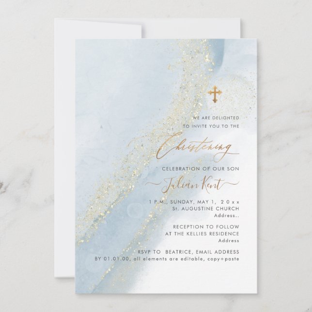 PixDezines Alcohol+Ink Dusty Blue Gold Christening Invitation (Front)