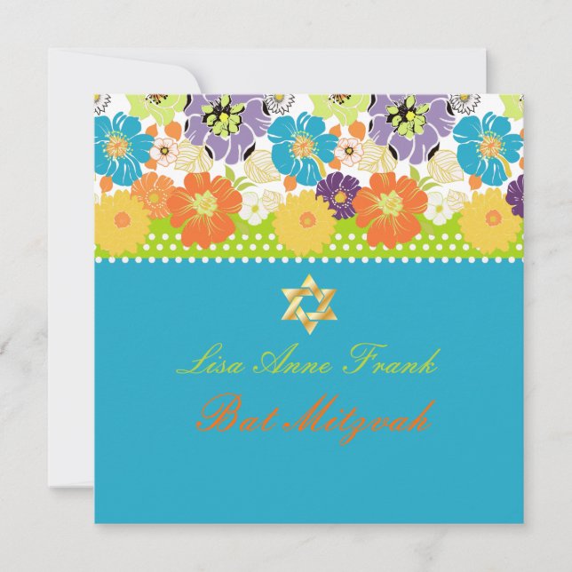 PixDezines Alegre retro floral, Bat Mitzvah Invitation (Front)