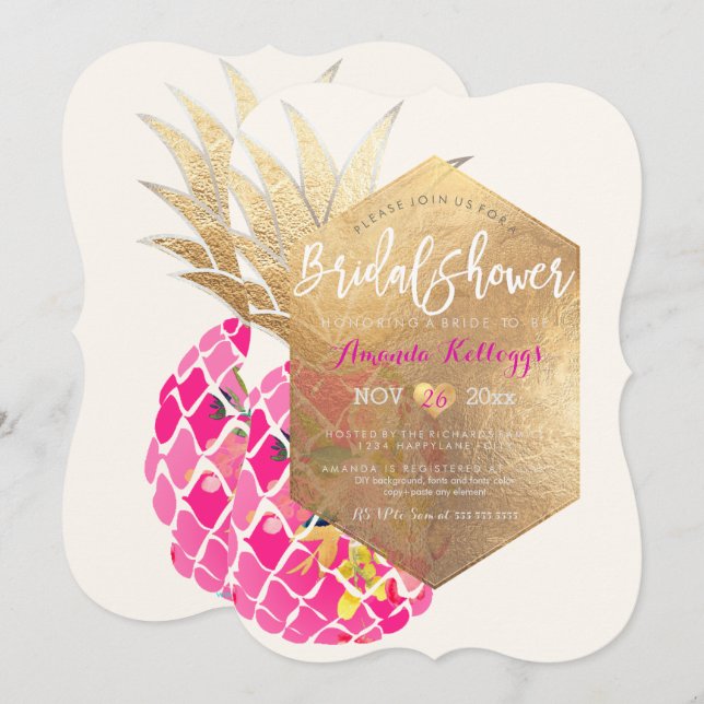 PixDezines Aloha Pineapple Bridal Shower+Faux Gold Invitation (Front/Back)
