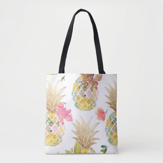 PixDezines Aloha Pineapple+Floral Watercolor Tote Bag (Front)