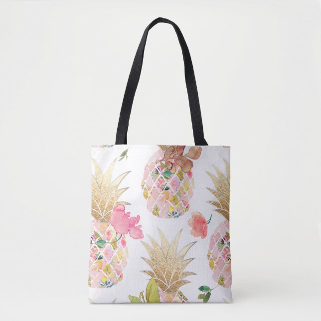 PixDezines Aloha Pineapple+Floral Watercolor Tote Bag (Front)