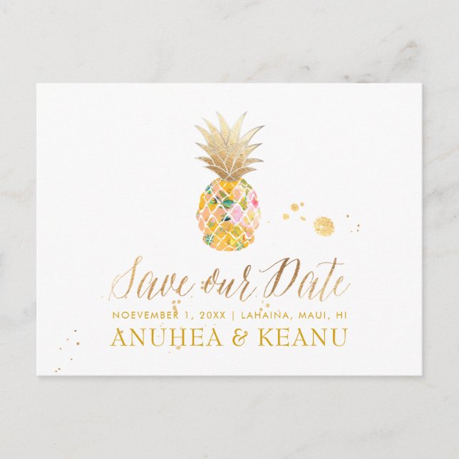 PixDezines Aloha Pineapple/Golden/Save the Date Announcement Postcard (Front)
