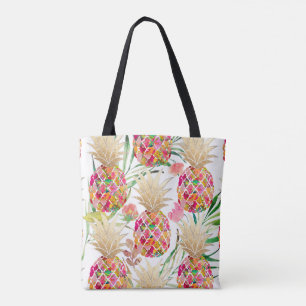 PixDezines Aloha Pineapple+Palm Fronds Watercolor Tote Bag