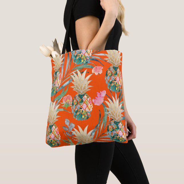 PixDezines Aloha Pineapple+Palm Fronds Watercolor Tote Bag (Close Up)