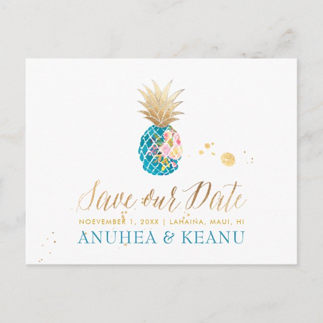 PixDezines Aloha Pineapple/Teal/Save the Date Announcement Postcard (Front)