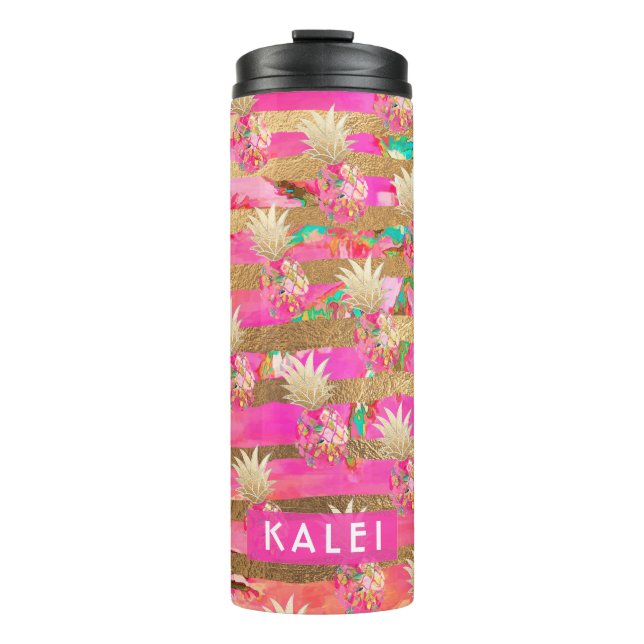PixDezines Aloha Pineapples/Hot Pink+Faux GOld Thermal Tumbler (Front)