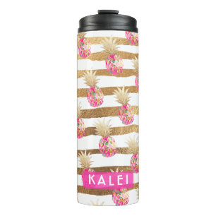 PixDezines Aloha Pineapples/Hot Pink+Faux GOld Thermal Tumbler