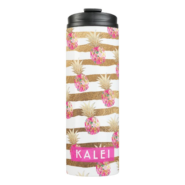 PixDezines Aloha Pineapples/Hot Pink+Faux GOld Thermal Tumbler (Front)
