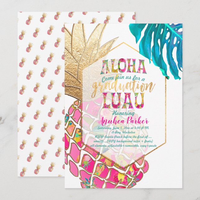PixDezines Aloha Pineapples/Pink/Graduation Luau Invitation (Front/Back)